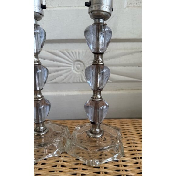 Vintage 60's Pair Small Table Lamps Purple Stacked Lucite Clear Glass - Picture 12 of 16